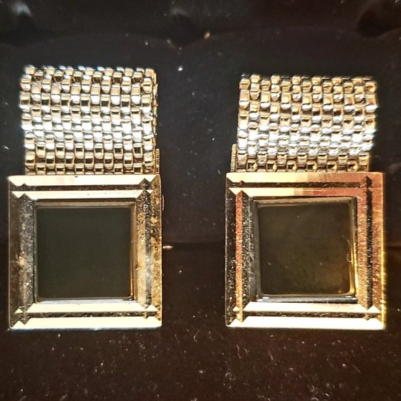 FINAL SALE vintage cuff links black stone silver metal mesh - Picture 1 of 5